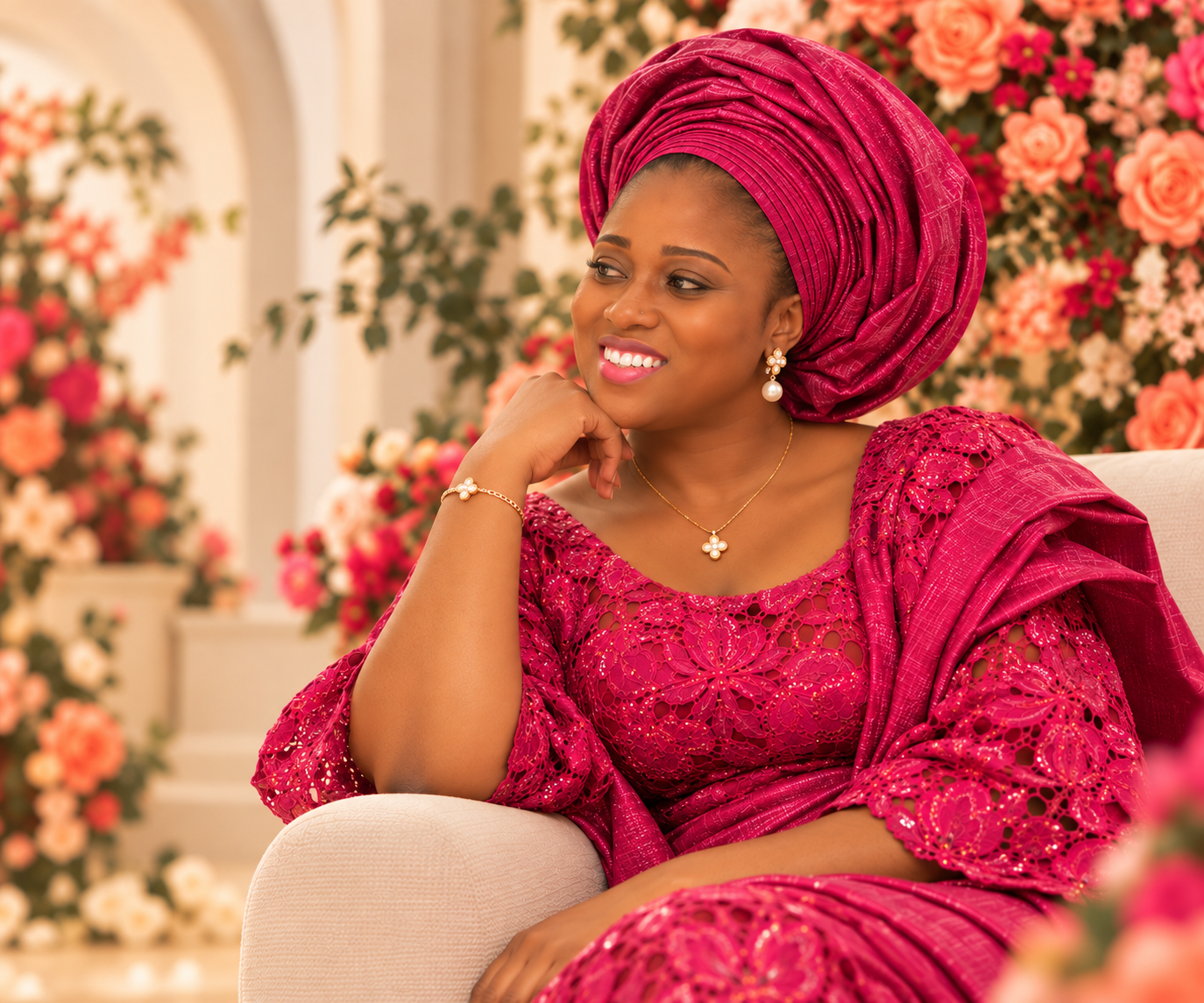 Olubunmi Oluokun in stunning traditional attire — raspberry lace gown with matching gele headwrap